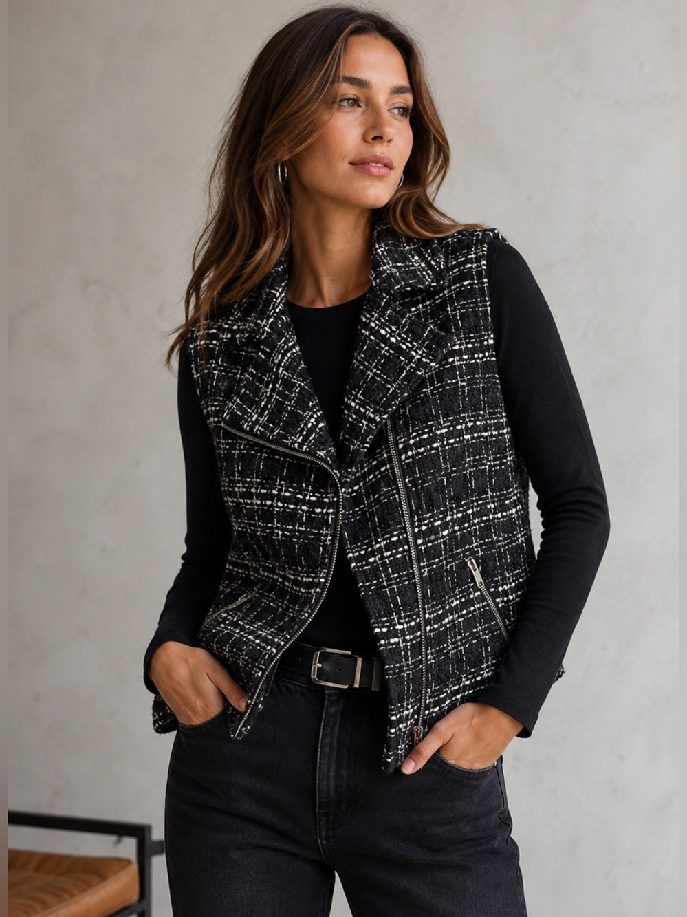 LOFT Black White Tweed Moto Vest Zip Front Women’s Size M